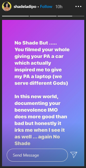 Shade Ladipo knocks Toke Makinwa for saying people should not film the receipts of benevolence
