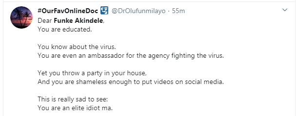 Funke Akindele reveals why they held a houseparty, deletes tweets after being dragged (see screenshots)