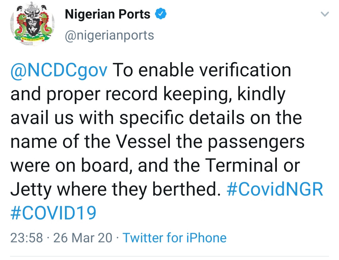 Coronavirus: Nigerian Ports Authority calls out NCDC over claims of detecting new cases on a vessel in Lagos