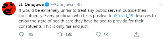 Omojuwa proposes that public servants who test positive for COVID-19 be treated in their constituency 
