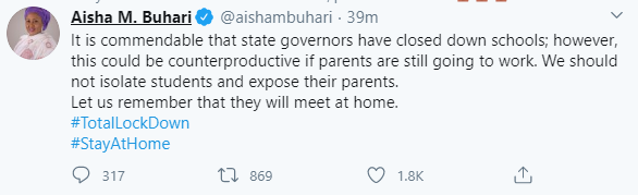 Nigerians react as Aisha Buhari says parents should also be made to stay at home alongside their children to prevent spread of coronavirus