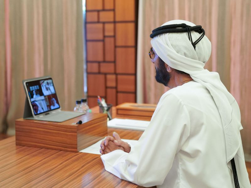 Viral images of Vice President of UAE Sheikh Mohammed leading virtual cabinet meeting with several ministers on coronavirus