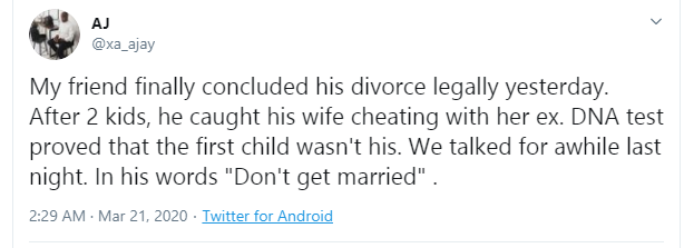 Twitter Stories: Nigerian man divorces his wife after DNA test proved their first child isn't his
