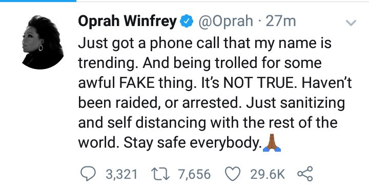 Oprah Winfrey reacts to reports that she was arrested on sex trafficking and child porn charges