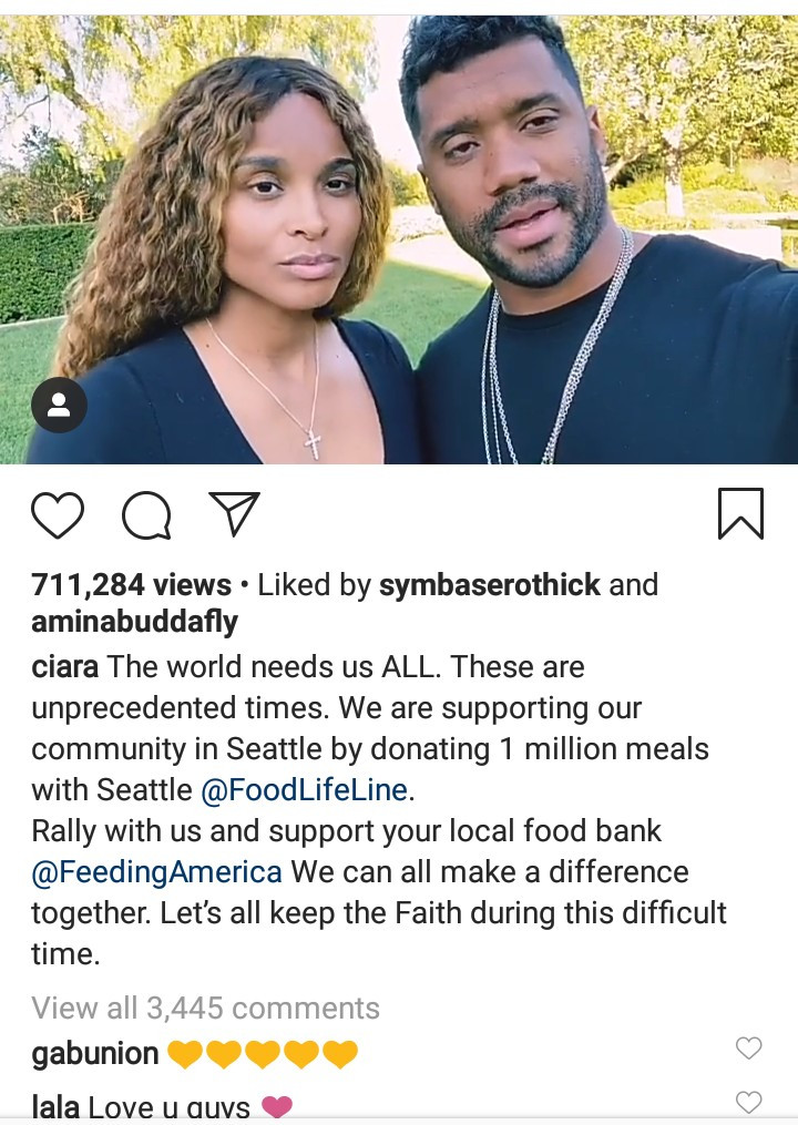 Ciara and Russell Wilson donate 1 million meals to food banks amid Coronavirus crisis 
