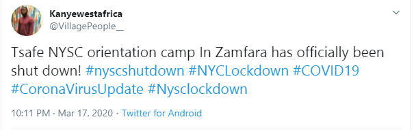 NYSC shuts down orientation camps after 8 days over coronavirus fears