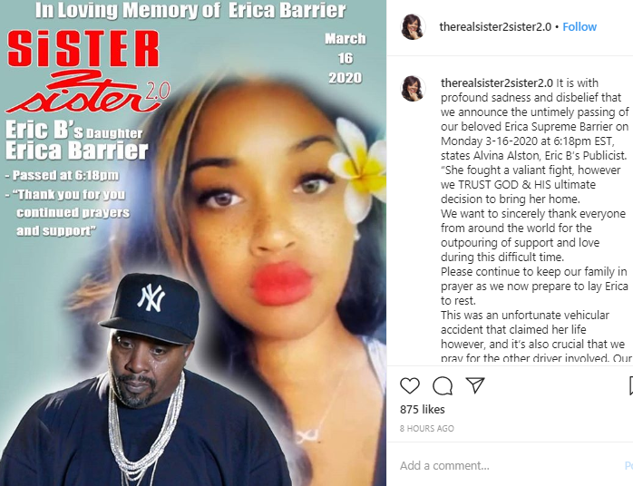 Eric B.?s daughter Erica Barrier dies after car crash