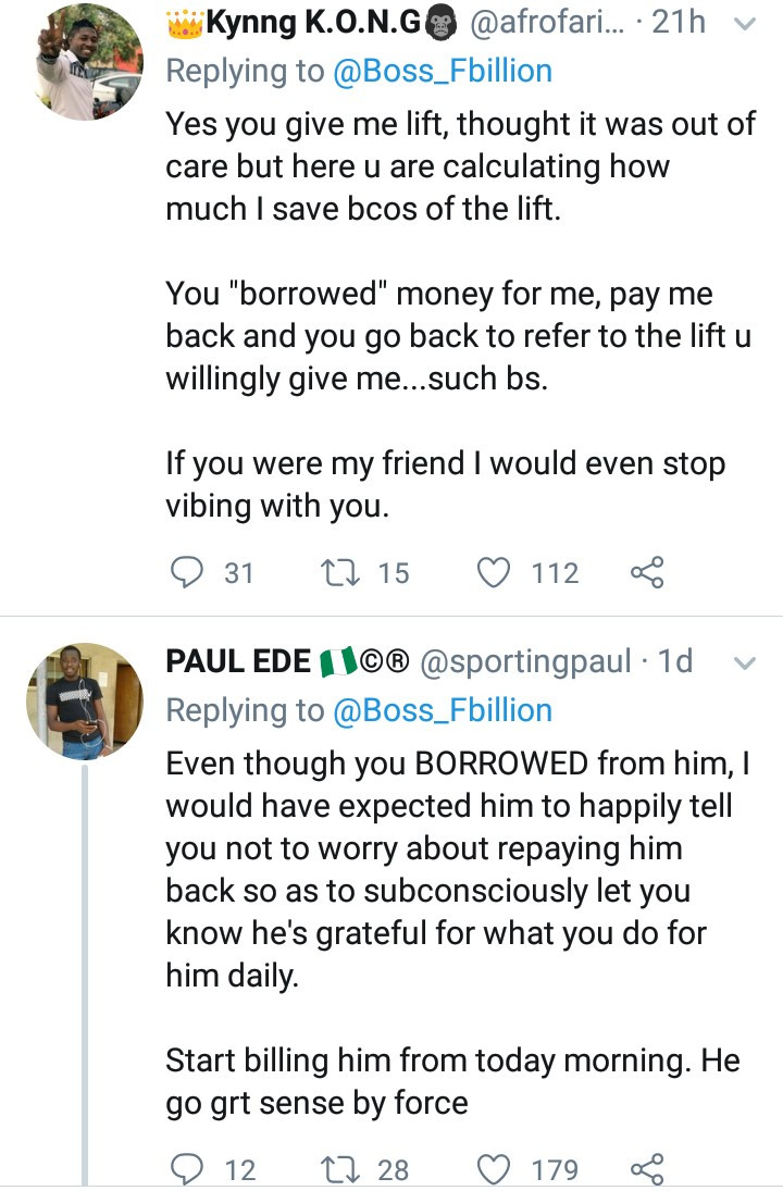 Man ignites debate after narrating how a man he offers free ride home daily insisted on collecting back the 500 Naira he borrowed from him