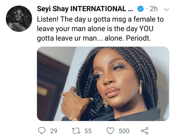 Seyi Shay cautions women who fight over a man