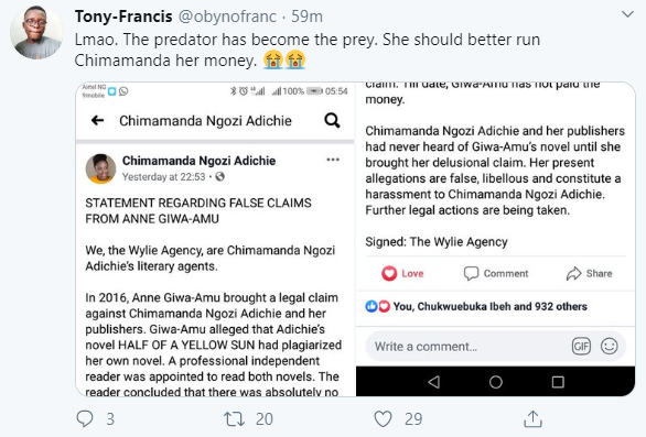 Anne Giwa-Amu accuses Chimamanda Ngozi Adichie of plagiarizing her work; Chimamanda responds