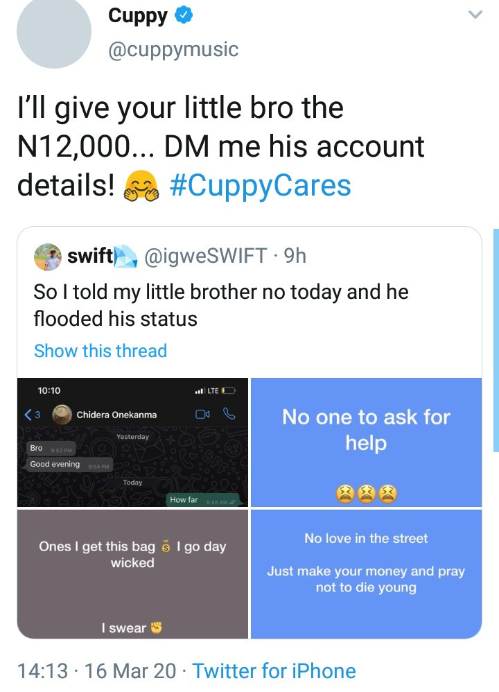 These WhatsApp updates shared by a boy after his elder brother refused to give him money has amused Twitter users