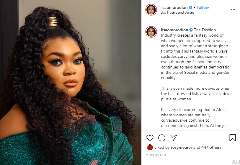 No plus size woman made it to best dressed list - Actress Lisa Omorodion calls out AMVCA organizers for 