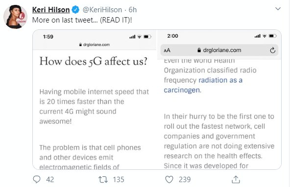 Keri Hilson claims Coronavirus is linked to 5G and not affecting Africa