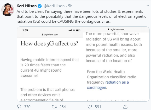 Keri Hilson claims Coronavirus is linked to 5G and not affecting Africa