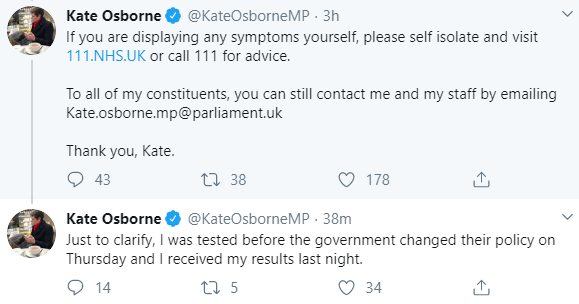 Labour MP Kate Osborne tests positive for coronavirus