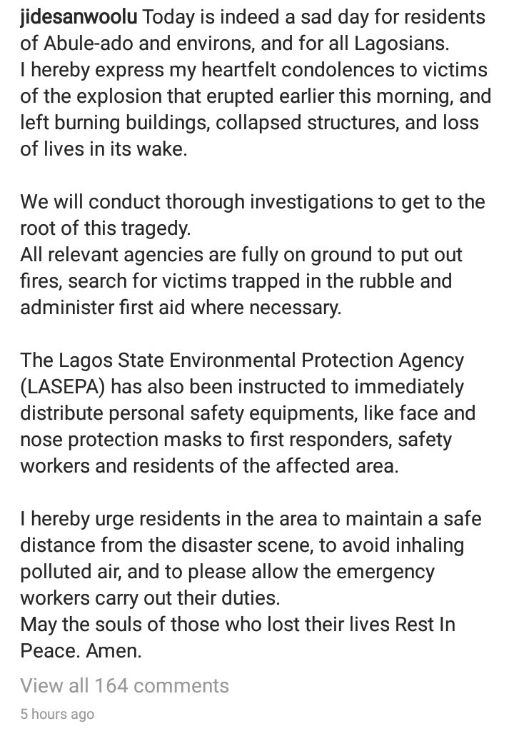 "We will conduct thorough investigations" Lagos State governor Babajide Sanwo-Olu says as he sympathizes with the victims of Abule Ado explosion