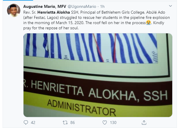 Principal of Bethlehem Girls College dies while rescuing students after pipeline explosion in Abule Ado 
