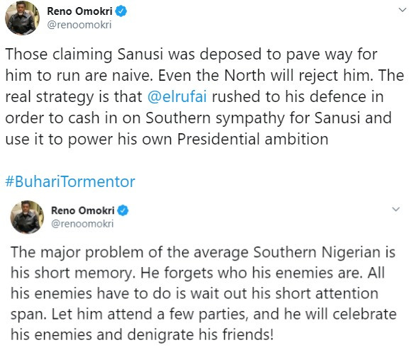El-Rufai is using dethroned Emir of Kano, Sanusi Lamido Sanusi to push his presidential ambition ? Reno Omokri