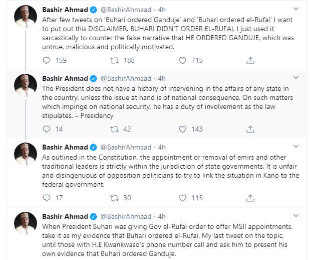 Buhari didn't order el-rufai to give sanusi his recent appointments presidential aide bashir ahmad