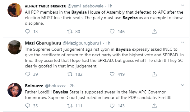 Nigerians react to Supreme Court judgement which sacked David Lyon as winner of Bayelsa Governorship election 