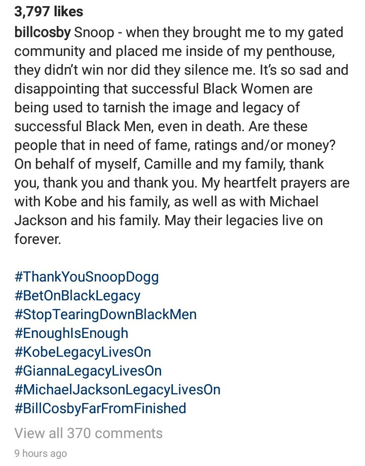 Bill Cosby writes Snoop Dogg from prison; thanks him for his post calling out Gayle King and Oprah Winfrey for "tarnishing the legacy of Black men"