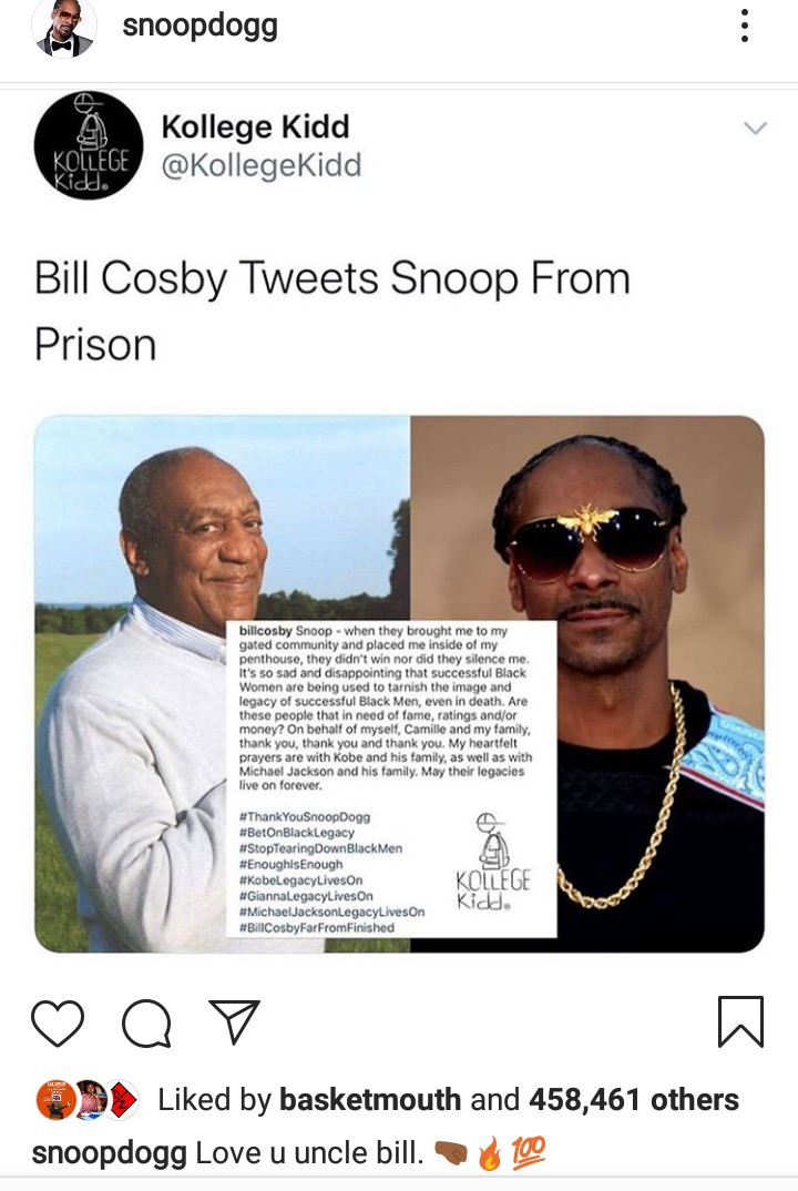 Bill Cosby writes Snoop Dogg from prison; thanks him for his post calling out Gayle King and Oprah Winfrey for "tarnishing the legacy of Black men"
