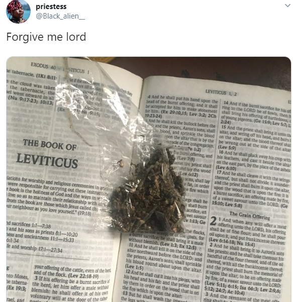 Woman tears out the part of the bible asking wives to be submissive and uses it to smoke weed