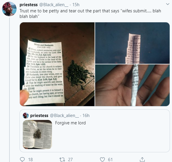 Woman tears out the part of the bible asking wives to be submissive and uses it to smoke weed