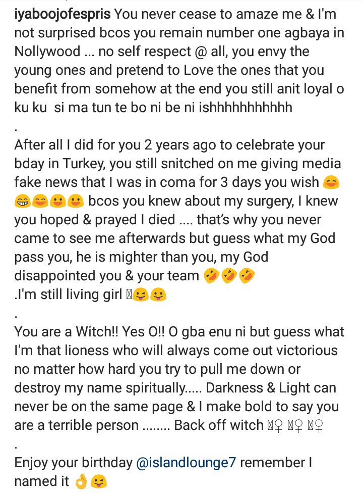 Iyabo Ojo slams former friend on her birthday, calls her a witch 