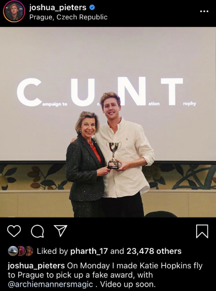 Savage YouTube prankster made Katie Hopkins fly out to Prague to receive a fake award that spelt out a rude word and she had no idea (Video)