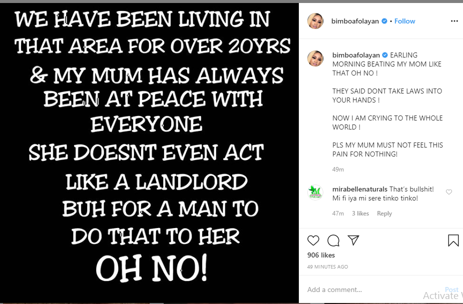 Actress Bimbo Afolayan cries out after landlord allegedly assaulted her mother over security fee 