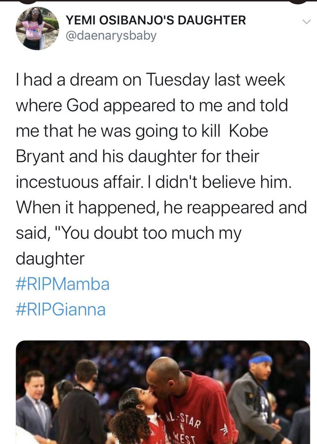 Nigerian lady dragged by Twitter users after saying Kobe Bryant and Gianna deserved to die over an incestuous relationship