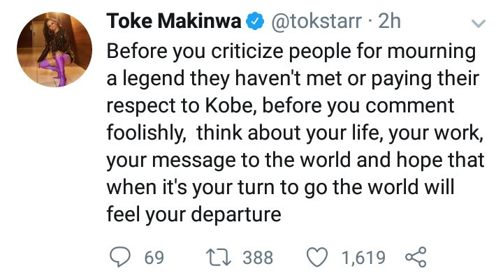 Toke Makinwa responds to those criticizing people mourning Kobe Bryant who they