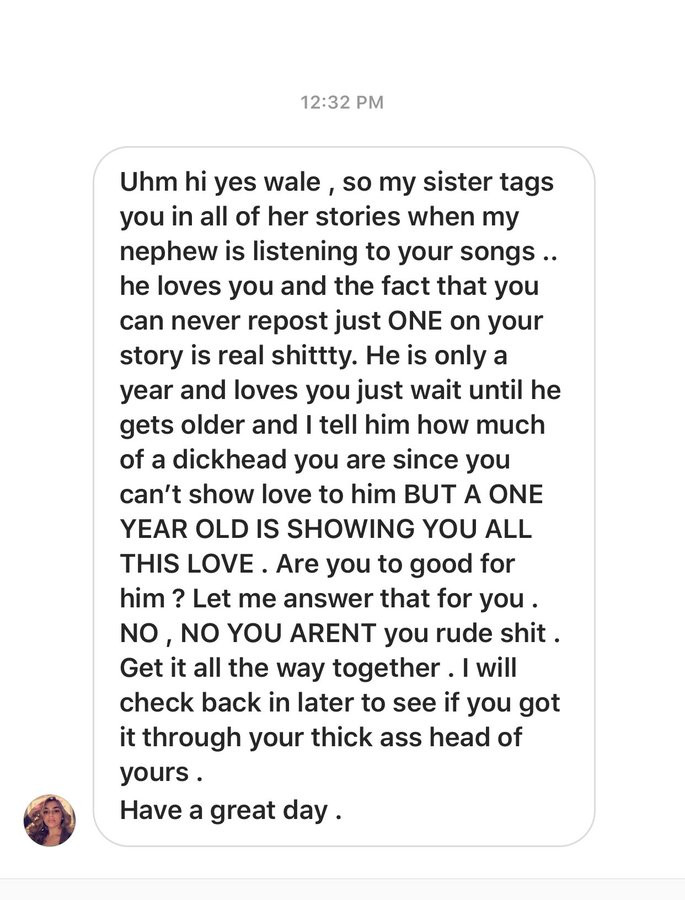 Rapper Wale shares screenshot of scathing DM he got from a lady for not acknowledging his 1-year-old fan 