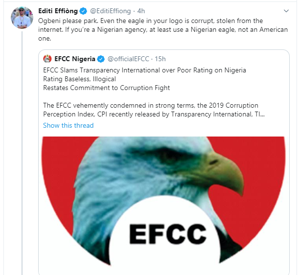 EFCC accused of stealing the eagle in its logo after countering Transparency International on rating Nigeria 146 out of 180 corrupt countries