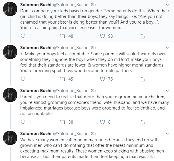 Never make your sons feel that their sisters are there to serve them- writer Buchi Solomon writes parents