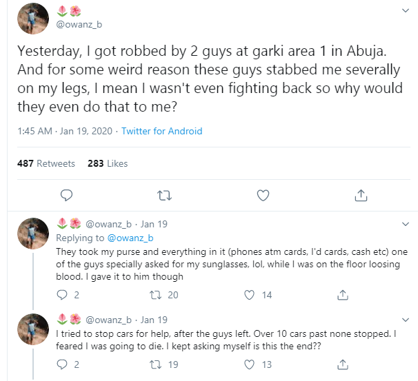 Nigerian lady recounts how she was robbed and stabbed by 2 men in Abuja