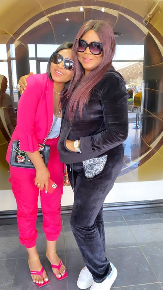 Actress Regina Daniels with her husband, Ned Nwoko, and her mother, Rita Daniels in South Africa
