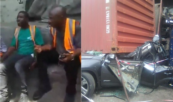 3 men walk away unscathed after a container fell on a car they were travelling in at Apapa (photos/video)