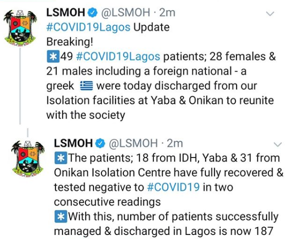 49 COVID-19 patients discharged in Lagos