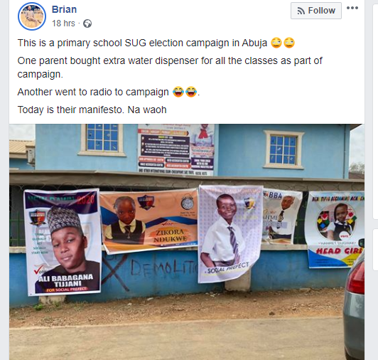 Abuja primary school pupils go viral with their SUG election campaign (photos)