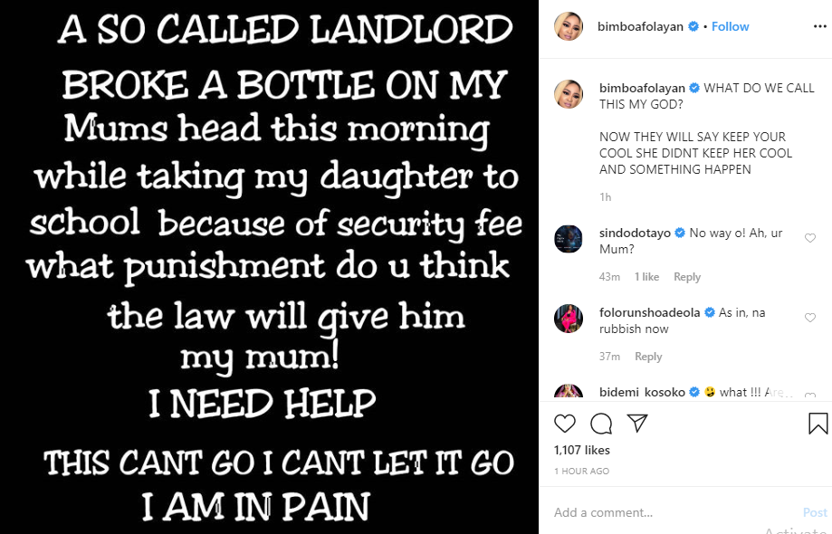Actress Bimbo Afolayan cries out after landlord allegedly assaulted her mother over security fee 