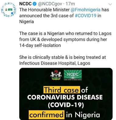 Confirmation of the 3rd Coronavirus Case in Nigeria by the Federal Government