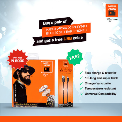 Purchase the New Age X Phyno Bluetooth Earphone and receive a free New Age Sync Cable