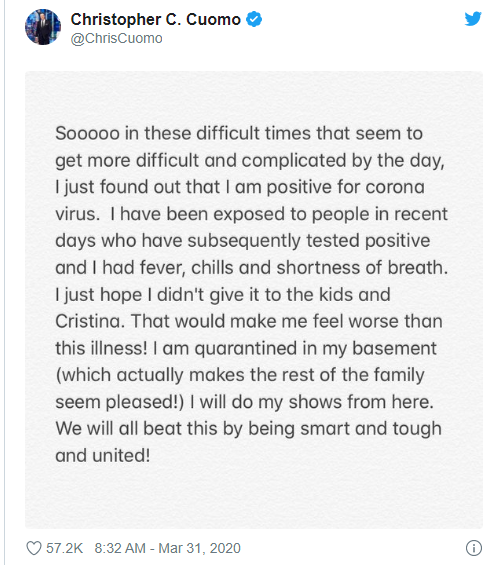 CNN host, Chris Cuomo tests positive for Coronavirus 