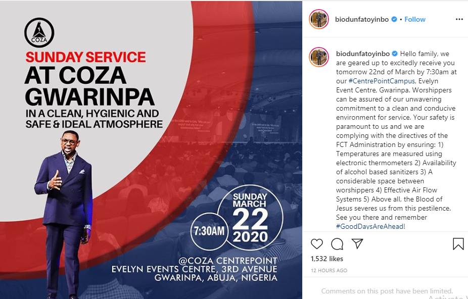 COZA dragged for holding church service amid increased cases of coronavirus in the country 