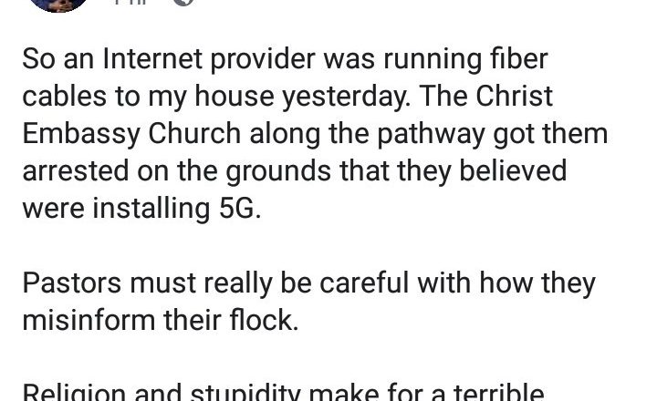 Christ Embassy allegedly gets Internet company installing fibre cables arrested after accusing them of installing 5G