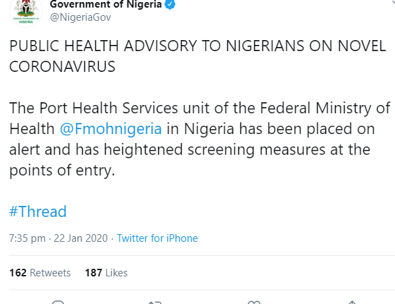 Coronavirus: Nigerian Government issues advisory to Nigerians returning from China as it announces heightened screening measures at ports of entry