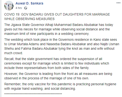 Coronavirus: Wedding ceremony of Jigawa Governor's nieces attended by only people
