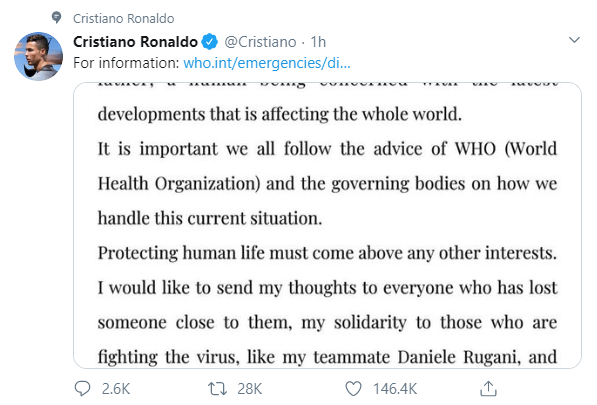 Cristiano Ronaldo sends message of support to teammate Daniele Rugani who tested positive for Coronavirus